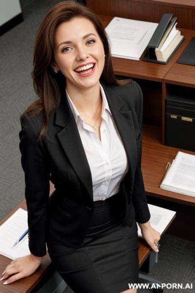 Office secretary.wears pencil skirt and a business blazer, no shirt under the blazer. - ai-porn.ai on pornsimulated.com