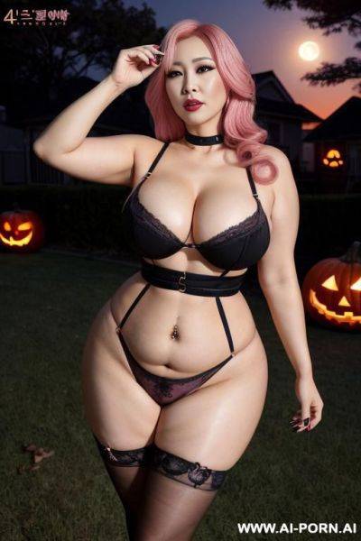 Sexy idol, gigantic round tits, teapered waist, curvy hips, pretty make up, halloween night, halloween suburban neighborhood, - ai-porn.ai on pornsimulated.com