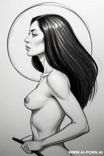 A hand-drawn, ink sketch of a adult light-skinned female upper body torso, viewed from the mid-chest up and centered. the subject is nude, depicted in profile but looking slightly tods the - ai-porn.ai on pornsimulated.com