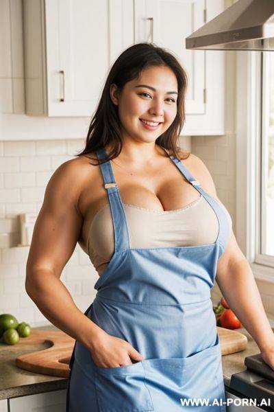 Medium shot photo, 20 year old, ((thick arm muscles)), standing in the kitchen, wearing an apron, smiling - ai-porn.ai on pornsimulated.com