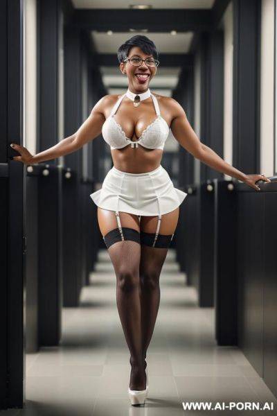 Pixie hair cut high heels glasses choker colar fishnet stockings huge tits dark skin short skirt (white shirtl - ai-porn.ai on pornsimulated.com