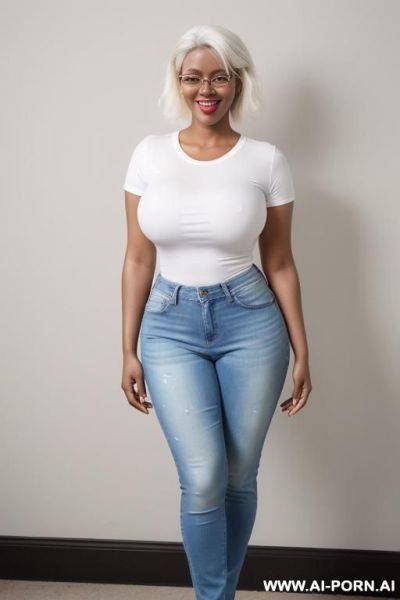 Hot sexy tall rusian woman huge tits pixie hair high heels glasses white t shirt (dark skin) - ai-porn.ai on pornsimulated.com