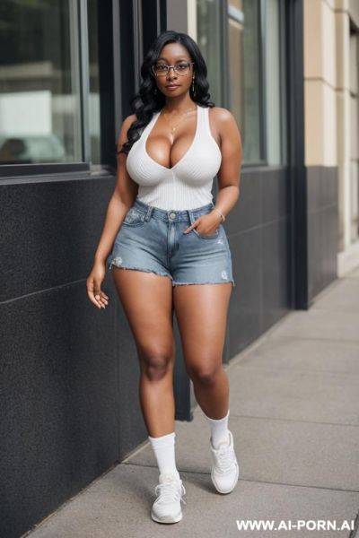 Hot sexy tall woman dark skin huge boobs, (sneakers ) glasses (shorts) (big cleavage) ( knee socks) (amazing body) (no shirt) (no bra) - ai-porn.ai on pornsimulated.com