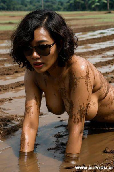 Thai woman, chubby, curly bob, sunglasses, fair skin, naked, showing nipples, crawling, mud, countryside, thailand - ai-porn.ai - Thailand on pornsimulated.com