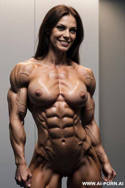 (naked), (nude), (shortest most muscular white woman only), ((short)), ((very white pallid skin)), ((perfect hard erotic pink rosy nipples)), hard & pallid, (((extremely beautiful pretty womans face - ai-porn.ai on pornsimulated.com