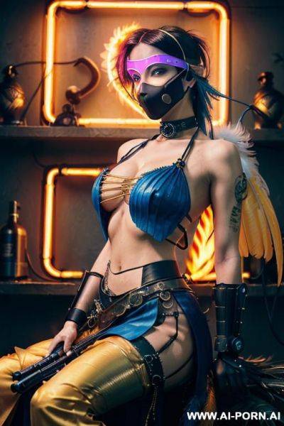 ((((masterpiece)))), (((woman sitting))), (glowing red eyes), (long blue purple and white hair with a flower), ((crop top white collar shirt with red tie)), ((((flaming angel wing)))), ((navy formal - ai-porn.ai on pornsimulated.com