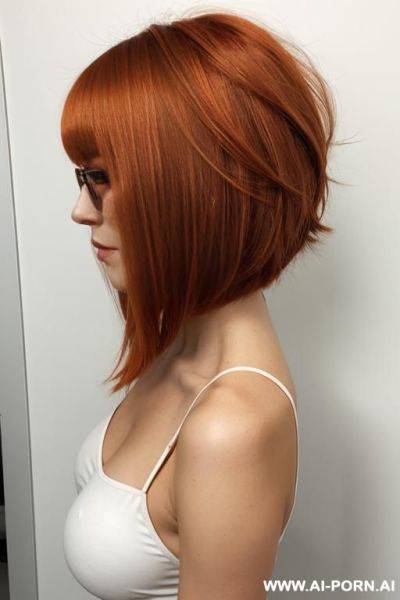 European woman, 20 years old, copper orange hair, precision-cut asymmetrical bob, silky straight hair with soft waves, graduated layers shorter in back longer in front, blunt cut bangs, sleek - ai-porn.ai on pornsimulated.com