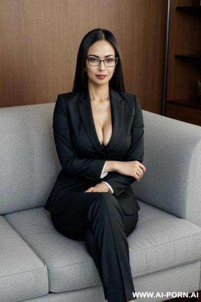 Woman sitting on the couch. crossing her arms. in glasses. big thighs. in glasses. big hips. in a suit - ai-porn.ai on pornsimulated.com
