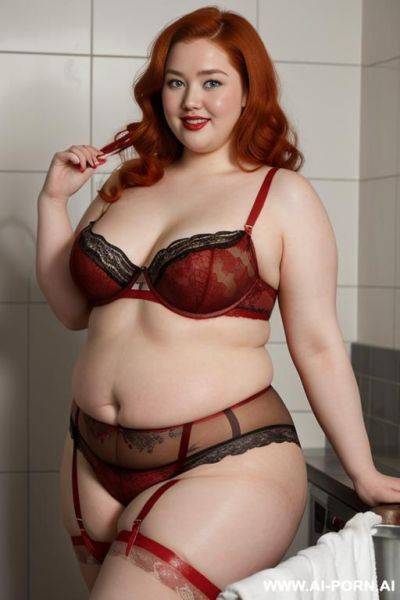 Half-length photo, ((half body photo shot close up)). as a set in the laundry area, a (((very obese))) fat chubby fat thick and bbw redhead british, ((she is washing clothes)). she has - ai-porn.ai - Britain on pornsimulated.com