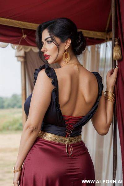 Perfect busty bimbo, (red and blue skirt ) (very high platform heels) (big cleavage) (((huge saggy boobs))) (((wide lips))) (((big expressive eyes))) ((gold necklace)) (open mouth), (((slutty))) (heavy - ai-porn.ai on pornsimulated.com