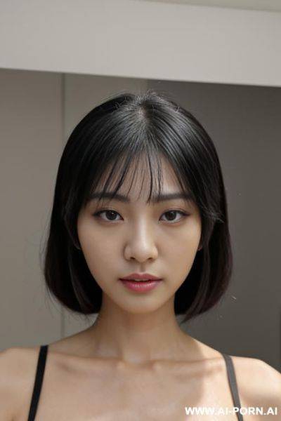 （杨幂），中国美女，看着镜头，身高16cm,腿很长很细，非常小的脸，只有巴掌大的脸，美丽的脸，露出饱满的额头，很浓很直的眉毛，眉毛眼睛的距离特别近，非常明显的双眼皮，明亮的特别大的眼睛，特别深的眼窝，v字脸，特别特别靠后的又尖又小的下巴，颧骨特别小特别低，颚骨非常窄，上嘴唇微微翘起，人中部位很短，上牙有些靠后，下牙比上牙更加靠后，巨大乳房，又窄又直有挺的鼻子，鼻梁很弯有迷人的很大弧度，（最小的鼻头和极小极窄的鼻翼），身材消瘦，四肢纤细，笔直细长的腿，30岁人妻，修长的天鹅颈，黑色长发略带波浪 - ai-porn.ai on pornsimulated.com