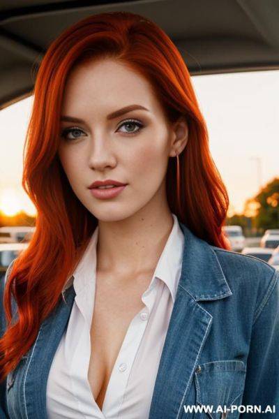 Close up, redhead, class uniform, open shirt, parking lot, sunset - ai-porn.ai on pornsimulated.com