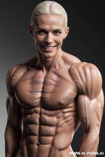 (gray background), (naked), (nude), ((shortest slender most muscular french woman only)), ((((sinewy gaunt slender beautiful french muscle woman with extreme musculature)))), ((short)), ((very white pallid - ai-porn.ai - France on pornsimulated.com