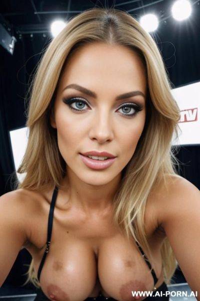 Supermodel becomes a porn star, perfect supermodel body, porn star makeup, terrible fake blonde highlights, porn outfit, legs spread for sex, pov, closeup view, her perfect pussy fucked by stage hands backstage at a tv studio - ai-porn.ai on pornsimulated.com
