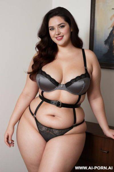 Full body photo shot, about at elegant art gallery, fat bbw curvy with love handless and tummy, she is 20 years old, wearing a sexy and hot gray gartert belt lingeries, she is eating. - ai-porn.ai on pornsimulated.com