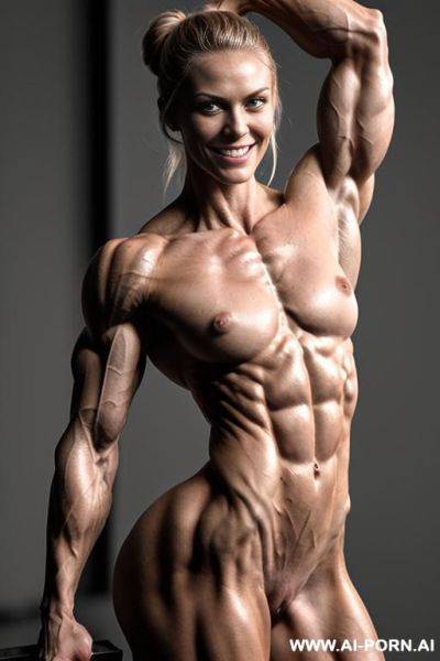 (gray background), (naked), (nude), ((shortest slender most muscular german woman j. dejager only)), ((((nude sinewy slender beautiful german muscle woman with extreme musculature)))), ((short)), ((very - ai-porn.ai - Germany on pornsimulated.com
