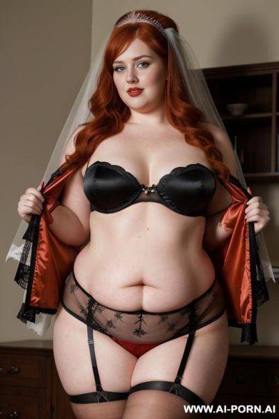 Half-length photo, ((half body photo shot close up)). as a set in the laundry area, a ((obese)) fat chubby redhead british. she has lovehandless. she is wearing a red garter belt stocking - ai-porn.ai - Britain on pornsimulated.com