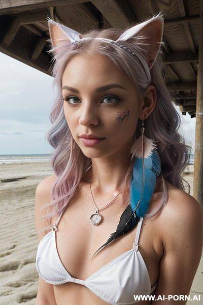 Face, ((sexy)), beautiful, ((split hair color in 2)), ((percing nose)), ((face painting)), ((bikini as seashell)), ((tattoo roses)), ((eyes shw)), ((angel wings)), ((rainbow hair)), ((one rose in hair) - ai-porn.ai on pornsimulated.com