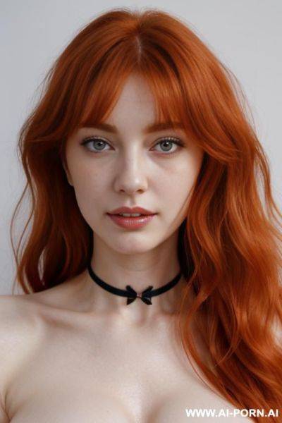 (((topless))), beautiful face, redhead, long wavy fluffy and messy hair, hair styles bangs, big naked breasts, choker, porcelain white skin - ai-porn.ai on pornsimulated.com