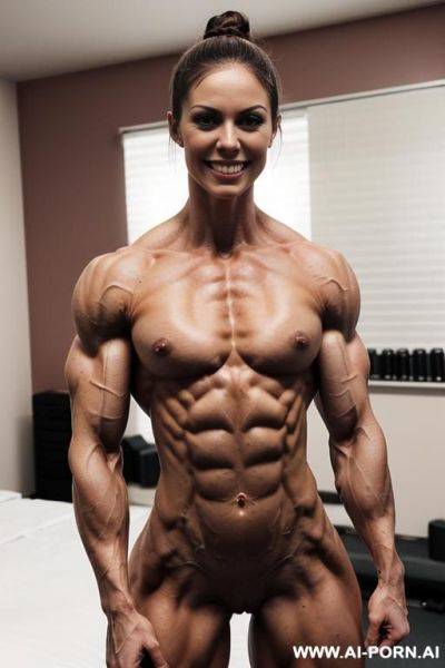 (bedroom background), view increasing muscle size and definition, (naked), (nude), (shortest most muscular white woman only), ((very white pallid skin)), ((hard erotic pink rosy nipples)), hard & - ai-porn.ai on pornsimulated.com