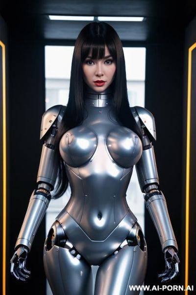 (robot total artificial body tranformer robot woman) with long black hair and black glossy gold metall threads, glowing blue robotic eyes, and a light natural pink complexion. her body is - ai-porn.ai on pornsimulated.com