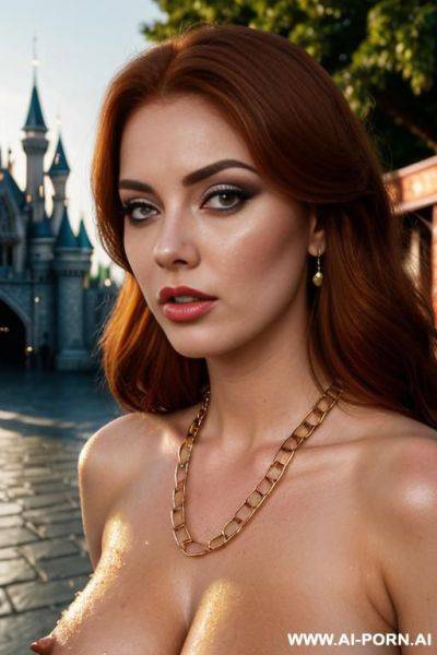 Famous theme park, famous princess. a lot of people. dripping with cum. hairy pussy. large teardrop saggy breasts. make up. one nipple exposed - ai-porn.ai on pornsimulated.com