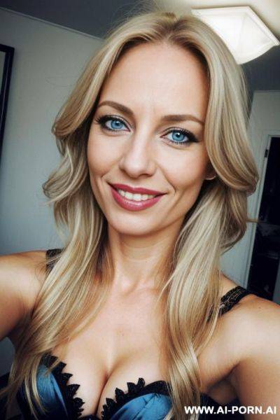 A european woman, smiling, blue eyes, long blond hair, very messy hair, lips, corset , selfie - ai-porn.ai on pornsimulated.com
