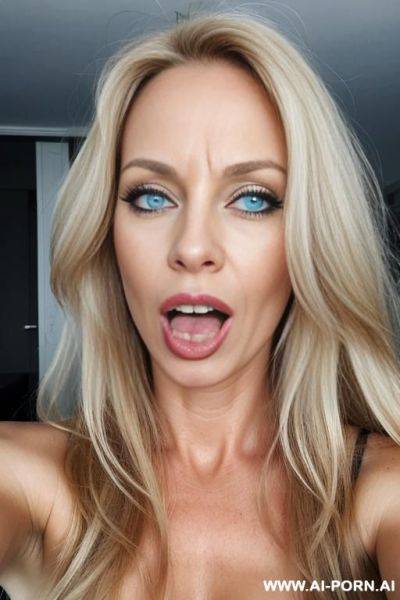 A european woman, tongue out, blue eyes, long blond hair, very messy hair, lips, buisness woman, selfie - ai-porn.ai on pornsimulated.com