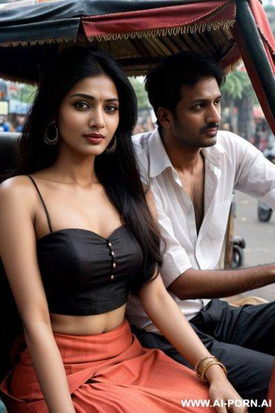 Desi woman wearing skirt dress sitting in rickshaw next to driver in front - ai-porn.ai on pornsimulated.com