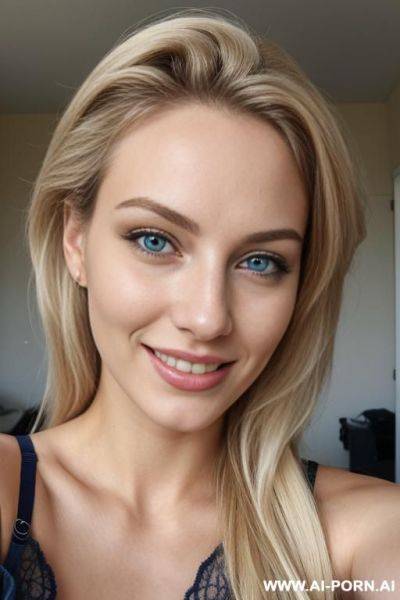 A european woman, smiling, 20 years old, blue eyes, long blond hair, very messy hair, lips, bra, jean, selfie - ai-porn.ai on pornsimulated.com
