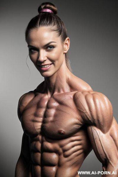 (gray background), view increasing muscle size and definition, (naked), (nude), (shortest most muscular white woman only), ((short)), (((very white pallid skin))), (hard erotic pink rosy nipples), - ai-porn.ai on pornsimulated.com