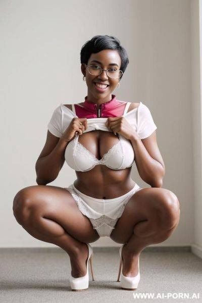 Hot sexy tall woman dark skin huge tits pixie hair cut very high platform heels glasses - ai-porn.ai on pornsimulated.com