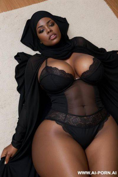 A black woman with a big ass, wide hips, and large, massive breasts. deep cleavage. she is wearing a black hijjab that covers her body. lying on the floor. - ai-porn.ai on pornsimulated.com