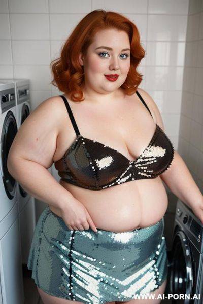 Half-length photo, ((half body photo shot close up)). as a set in the laundry area, a (((very obese))) fat chubby fat thick and bbw redhead british, ((she is washing clothes)). she has lovehandless. she is wearing ((a sequins micro-skirt pinup lingerie)). - ai-porn.ai - Britain on pornsimulated.com