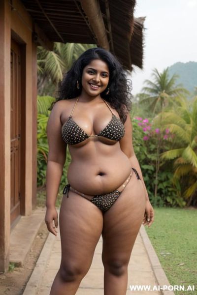 Indian chubby, long curly hair, dark skin, standing, front view, smiling, legs wide open, near village house, legs wide open, hairy, extremely low bikini, hairy pubic area, dark nipples - ai-porn.ai - India on pornsimulated.com