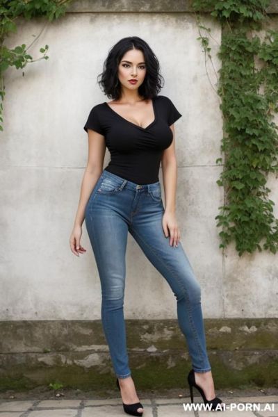Pretty, brazilian, caucasian, 30, short wavy hair, black hair, natural boobs, slight smile, makeup, eye shw, standing, spreading legs, v-neck t-shirt, jeans, blurred background, walled garden background. - ai-porn.ai - Brazil on pornsimulated.com