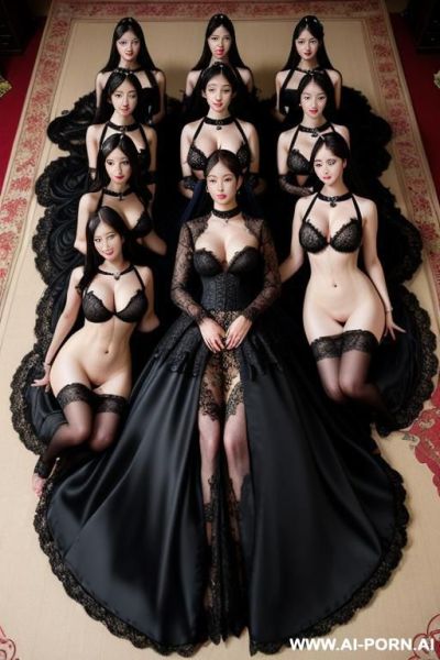 Qeen in black wedding dress, pet collar, monstrous, (((lace ))), lace black clothes, many women in orgy, hugging - ai-porn.ai on pornsimulated.com