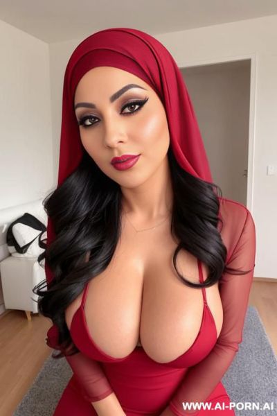 An arab woman in her thirties, wearing a head covering. she has fair skin, a curvy budy , boobs huge , and a large bottom. she has dark eyes. she is wearing a long, tight, red dress - ai-porn.ai on pornsimulated.com