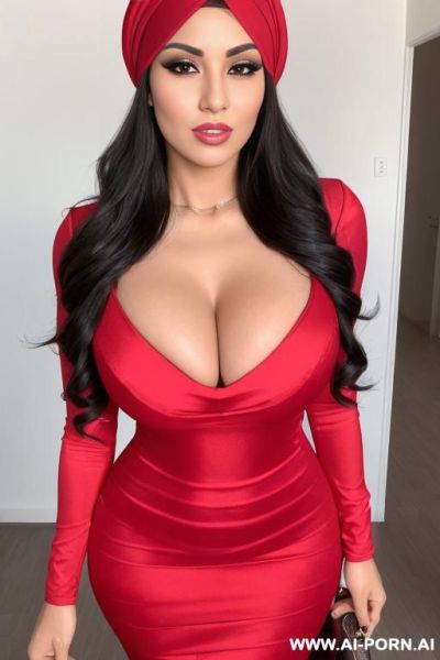 An arab woman in her thirties, wearing a head covering. she has fair skin, a full figure, large, firm breasts, and a large bottom. she has dark eyes. she is wearing a long, tight, red - ai-porn.ai on pornsimulated.com