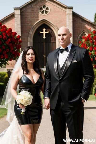 Couple as guests at a wedding. 5 woman and 30 year old man. she is massive, fat and tall has beautiful large boobs, wears a leather dress. he is tall, , almost bald and wears a - ai-porn.ai on pornsimulated.com