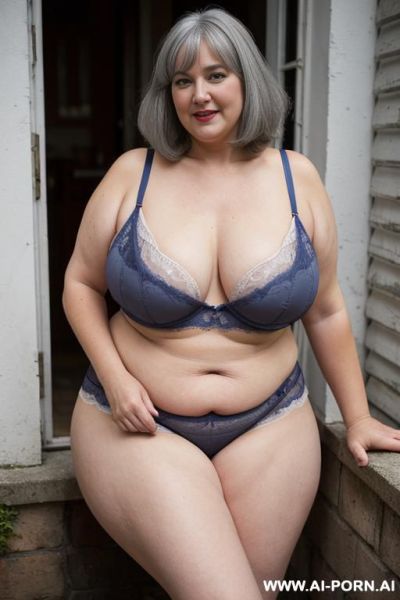 Old lady, spreading legs, white nylon panties with pussy out, in front of everyone, outside, embarrassed, - ai-porn.ai on pornsimulated.com