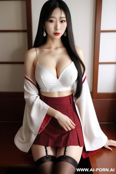 White kimono and red bottom, very long hair, long hair, hair ornament, large breasts, thighs, japanese clothes, japanese clothes, bare shoulders, detached sleeves, wide sleeves, earrings, traditionally - ai-porn.ai - Japan on pornsimulated.com