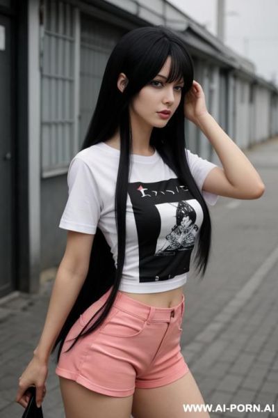 Black hair, long hair, anime, breasts, t-shirt, hotpants, russia - ai-porn.ai on pornsimulated.com