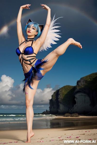 Face, sexy, beautiful, ((face painting)), ((body painting)), ((bikini as seashell)), ((roses)), ((eyes shw)), ((angel wings)), ((rainbow hair)), ((glitter)), ((long bu hair)), ((heterochromia eyes)), ((wind)), - ai-porn.ai on pornsimulated.com