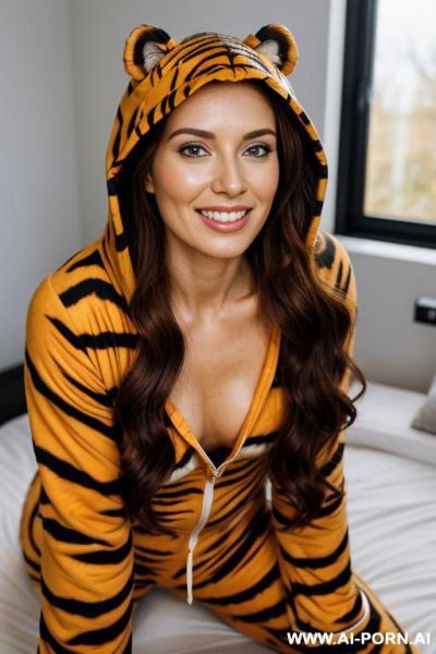 Beautiful woman, pretty face, make up free, long wavy hair, wearing a tiger onesie whith hood, second skin onesie, bottom view, - ai-porn.ai on pornsimulated.com