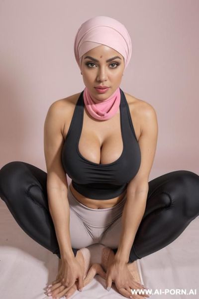 Busty horny bimbo, gigantic boobs, gigantic hips, pakistani woman, very wide hips, black eyes, pin up look, big lips, big brown nipples and areolas, in photo studio, white background, (((arabic head scarf))), full body shot, ((naked)), ((pink outfit)) - ai-porn.ai - Pakistan on pornsimulated.com