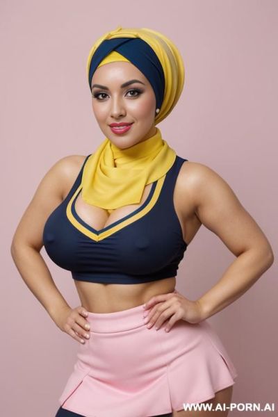 Busty horny bimbo, (((very wide hips))), gigantic boobs, arab woman, curly black hair, black eyes, pin up look, big lips, big brown nipples and areolas, in photo studio, white background, ((blue and yellow outfit))), (((arabic head scarf))) - ai-porn.ai on pornsimulated.com