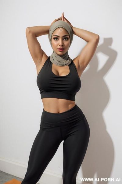 Busty horny bimbo, gigantic boobs, gigantic hips, pakistani woman, very wide hips, black eyes, pin up look, big lips, big brown nipples and areolas, in photo studio, white background, (((arabic head scarf))), full body shot, ((naked)) - ai-porn.ai - Pakistan on pornsimulated.com