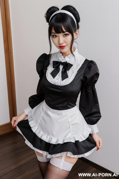 Black maid dress, white frilled headpiece, white apron with black bow, black long-sleeve dress, detachable white collar , black thigh high stockings (nylon) - ai-porn.ai on pornsimulated.com