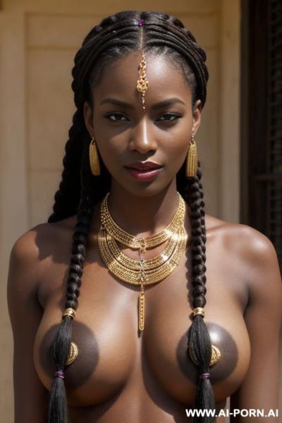 African goddess, dark skin, perky tits, long braids, traditional elry necklaces bracelets rings earrings - ai-porn.ai on pornsimulated.com